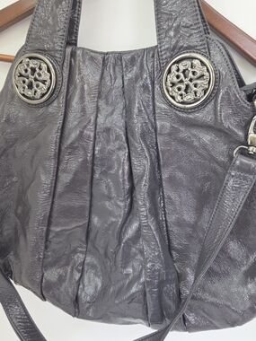 Genuine Patent Pleated Gray Leather Hobo Bag with Decorative Medallions